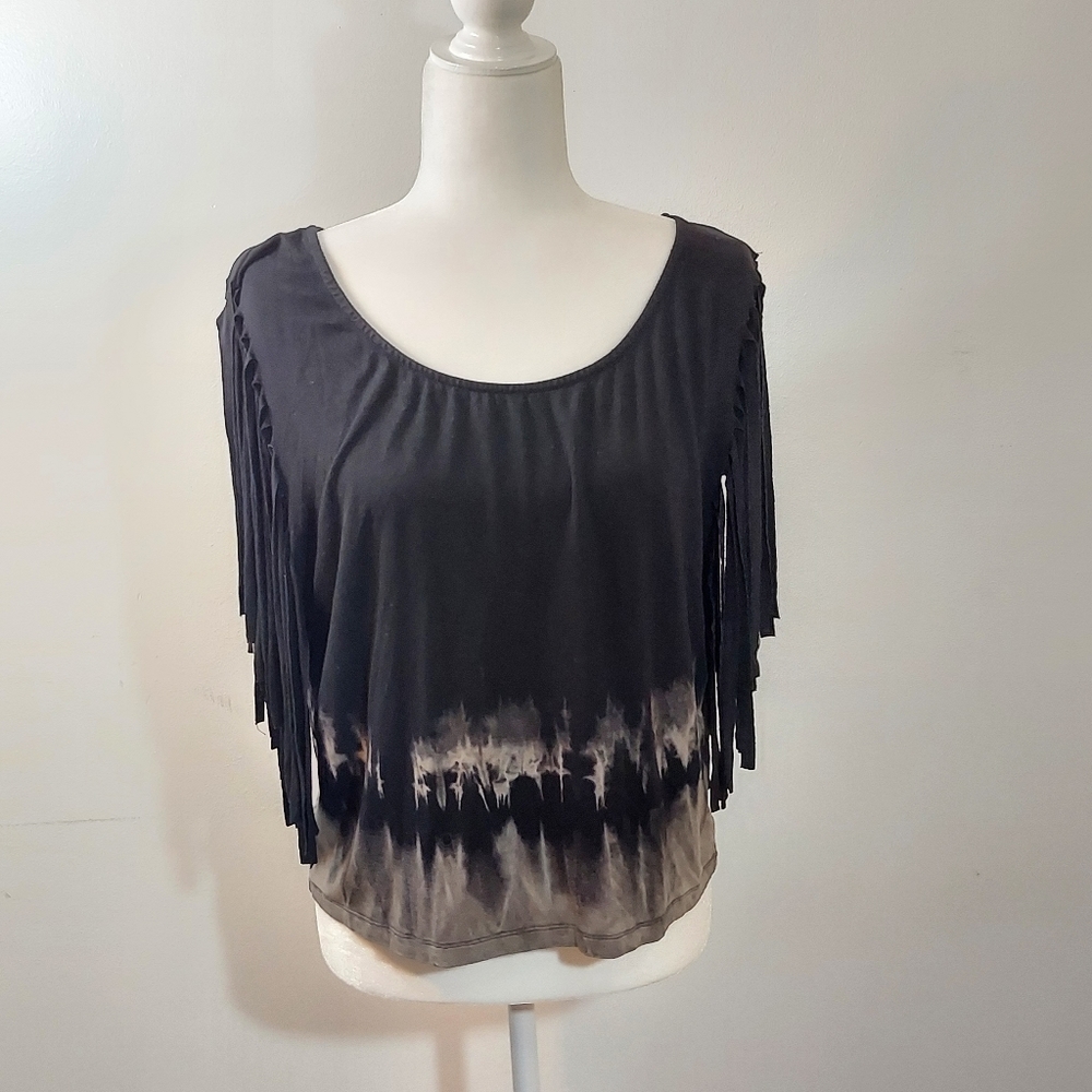 WetSeal Women's Black Tie Dye Bleached Shirt with Fun Fringe Cut Sleeves - Picture 3 of 15